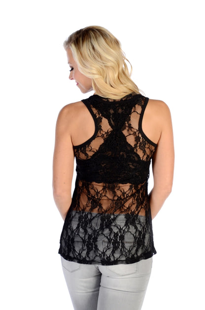 Liberty Wear Devilish Rhinestone Skull & Rose Lace-Back Tank Top | 7582
