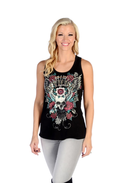 Liberty Wear Devilish Rhinestone Skull & Rose Lace-Back Tank Top | 7582