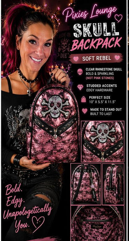 Skull Backpack – Rhinestone Studded Embossed Biker Glam