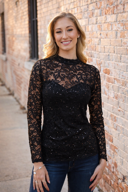 Liberty Wear “Spotlight Lace” Sequin Long Sleeve Top