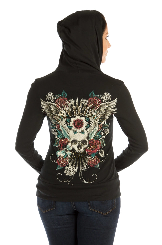 Liberty Wear Devilish Rhinestone Skull & Angel Wings Hoodie | 8082