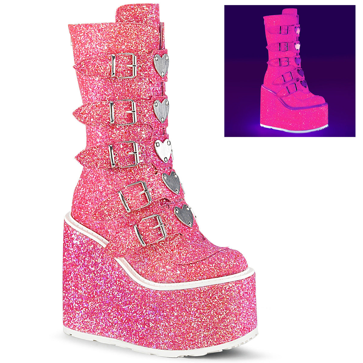 Demonia Shaker-230 Glitter Heart Platform Boots | Hot Pink