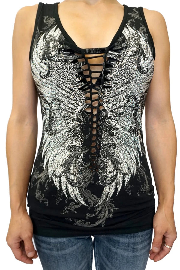 Platinum Plush “Midnight Wings” Biker Tank Top with Rhinestone Accents