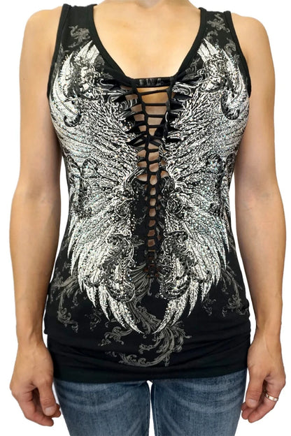 Platinum Plush “Midnight Wings” Biker Tank Top with Rhinestone Accents