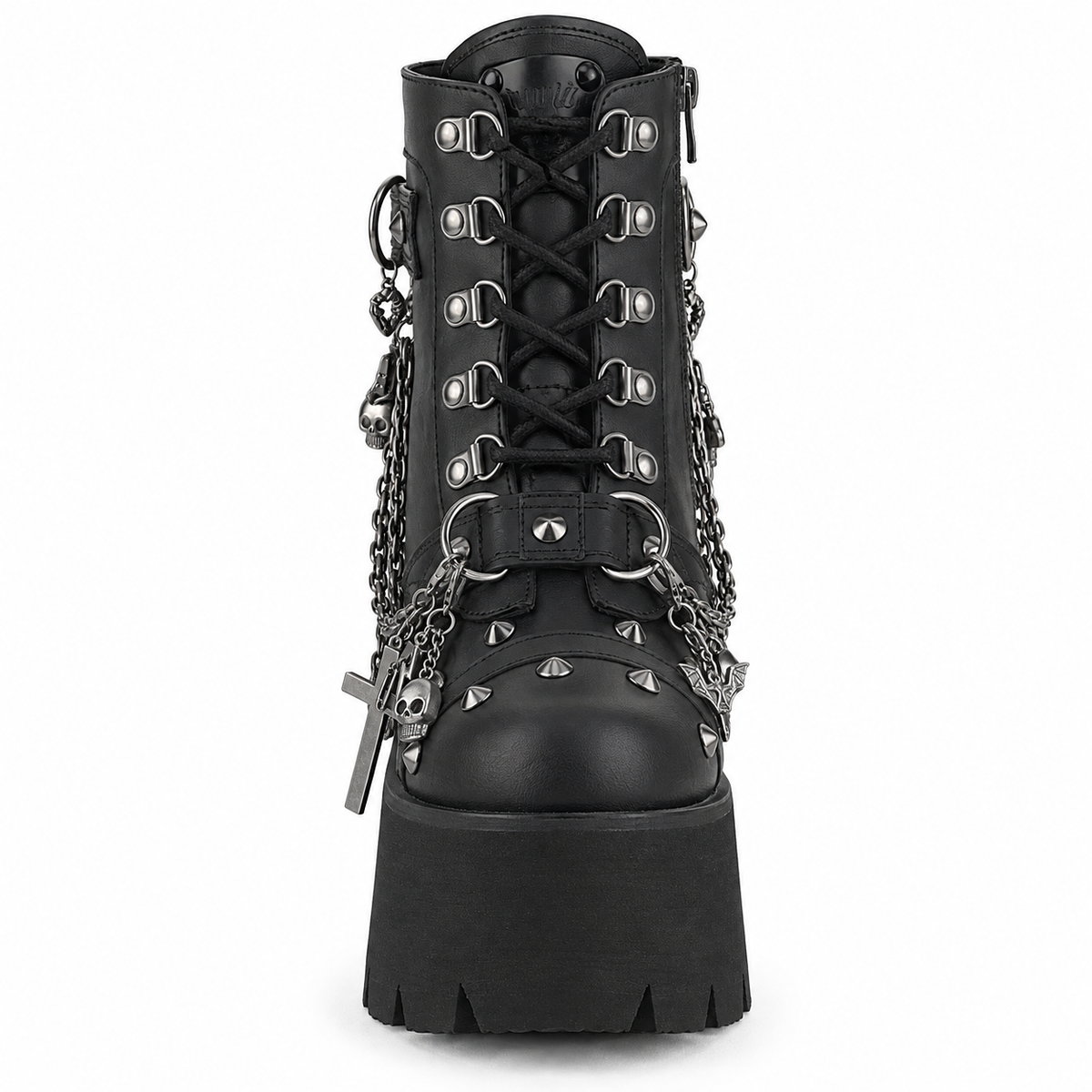 Demonia Ashes-52 | Skull & Chain Platform Combat Boots | Black