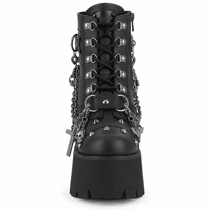 Demonia Ashes-52 | Skull & Chain Platform Combat Boots | Black