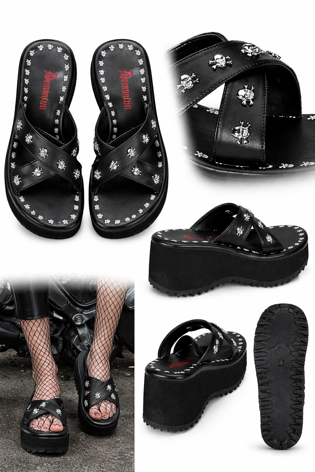 Demonia Skull Stud Platform Slides – Black Gothic Chunky Sandals | Biker Glam Slip-On Shoes FLIP-05
