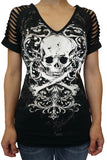 Platinum Plush Skull Crusade Rhinestone Cold Shoulder Slashed Top