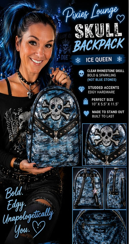 Skull Backpack – Rhinestone Studded Embossed Biker Glam
