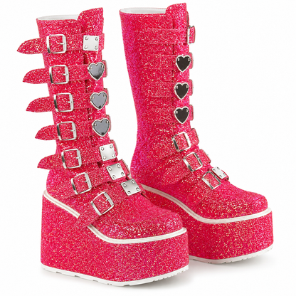 Demonia Shaker-100 Glitter Heart Buckle Platform Boots | Hot Pink
