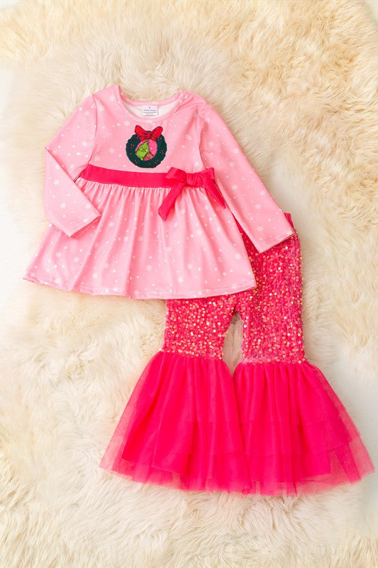 Pink Sequin Grinch Kids Boutique Set