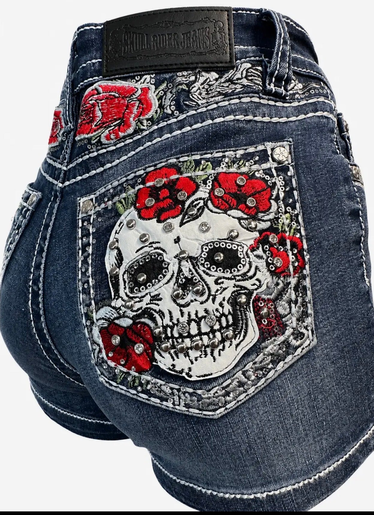 Rose Rebel Skull Rhinestone Denim Shorts