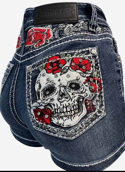 Rose Rebel Skull Rhinestone Denim Shorts