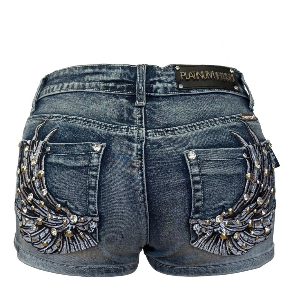 Platinum Plush “Heaven Sent” Angel Wing Rhinestone Shorts