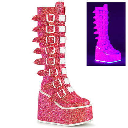 Demonia Shaker-100 Glitter Heart Buckle Platform Boots | Hot Pink