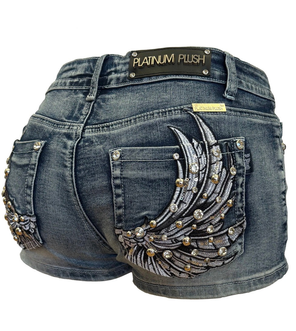 Platinum Plush “Heaven Sent” Angel Wing Rhinestone Shorts