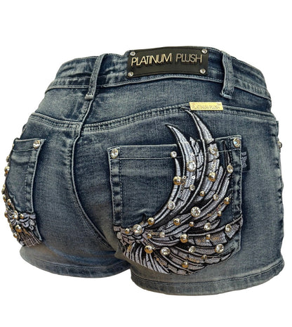 Platinum Plush “Heaven Sent” Angel Wing Rhinestone Shorts