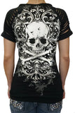 Platinum Plush Skull Crusade Rhinestone Cold Shoulder Slashed Top