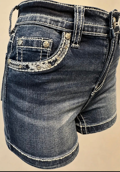 Rose Rebel Skull Rhinestone Denim Shorts