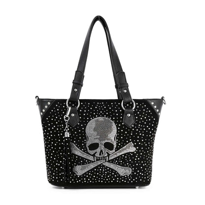 Rhinestone Skull Studded Tote Bag with Crossbody Strap