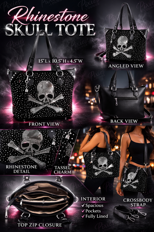Rhinestone Skull Studded Tote Bag with Crossbody Strap