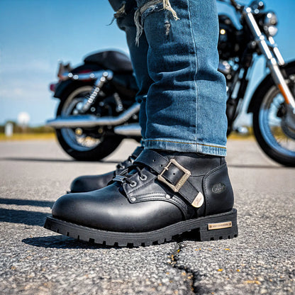 Hot Leathers Men's Wide Width Black 8-inch Logger Leather Boots with Adjustable Buckle BTM1006
