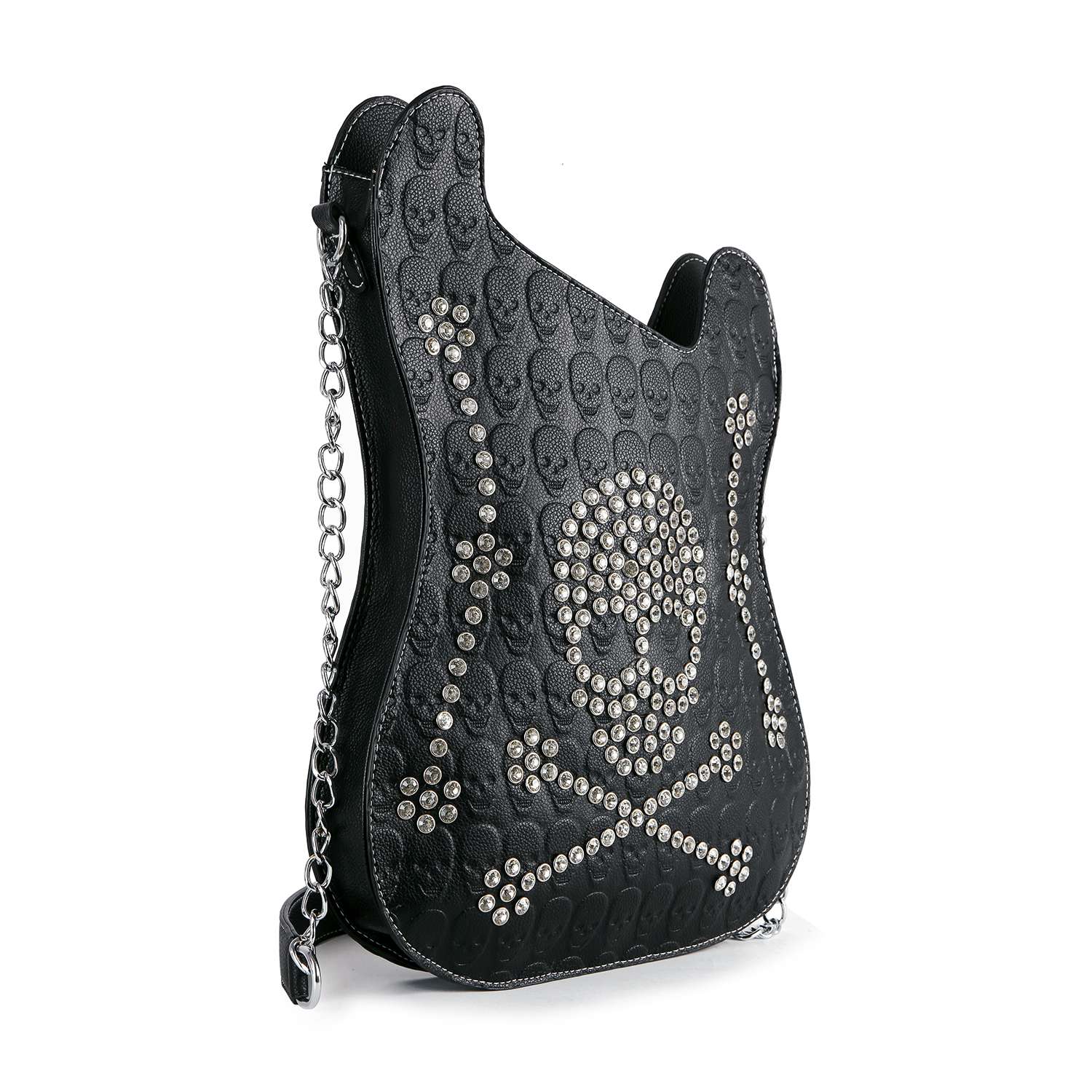 Rhinestone skull guitar shaped crossbody bag with chain strap and embossed skull texture in black biker glam style
