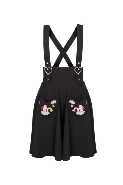 Hell Bunny x Care Bears “Love A Lot” Pinafore Skirt – Gothic Cute Suspender Skirt with Heart Pockets