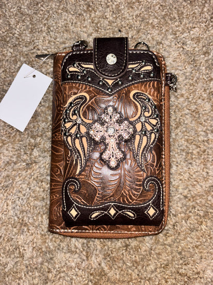 Angel Wings Rhinestone Cross Phone Wallet Crossbody | Western Biker Organizer