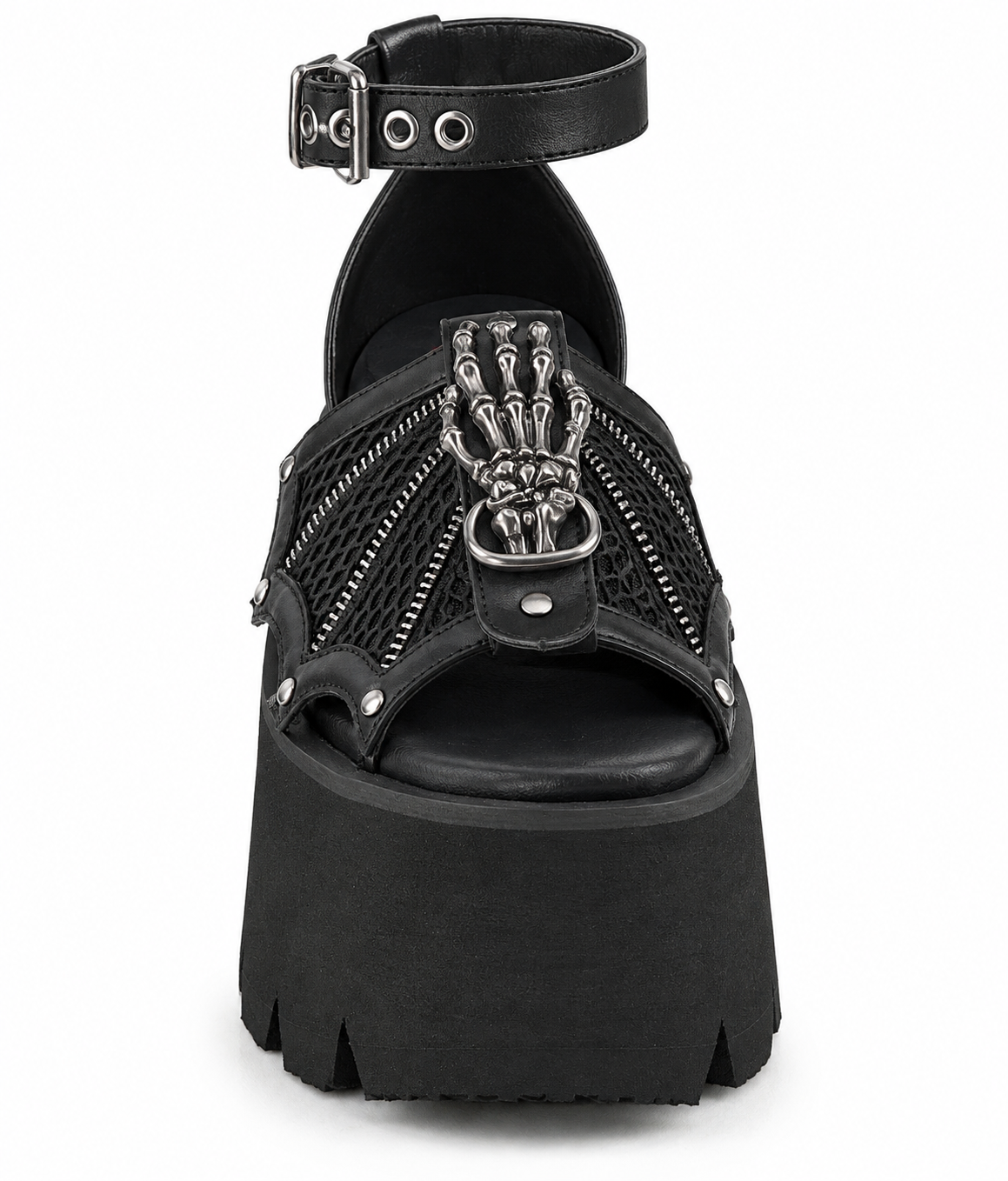 Demonia Ashes-11 | Skeleton Hand Batwing Platform Sandals | Black