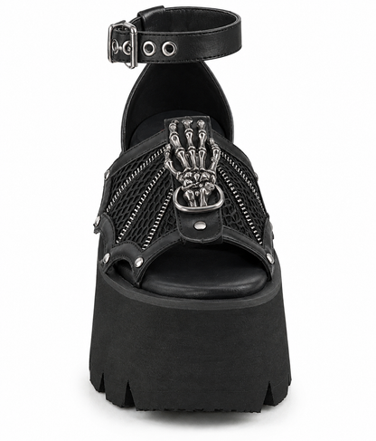 Demonia Ashes-11 | Skeleton Hand Batwing Platform Sandals | Black