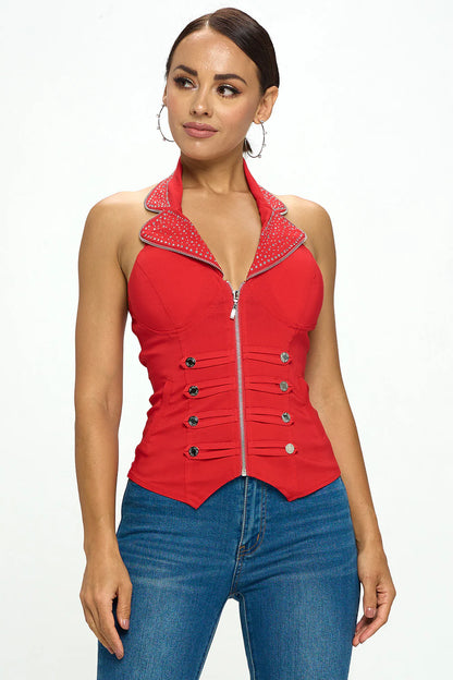 Studded Moto Halter Corset Top – Biker Glam Zip Front Vest