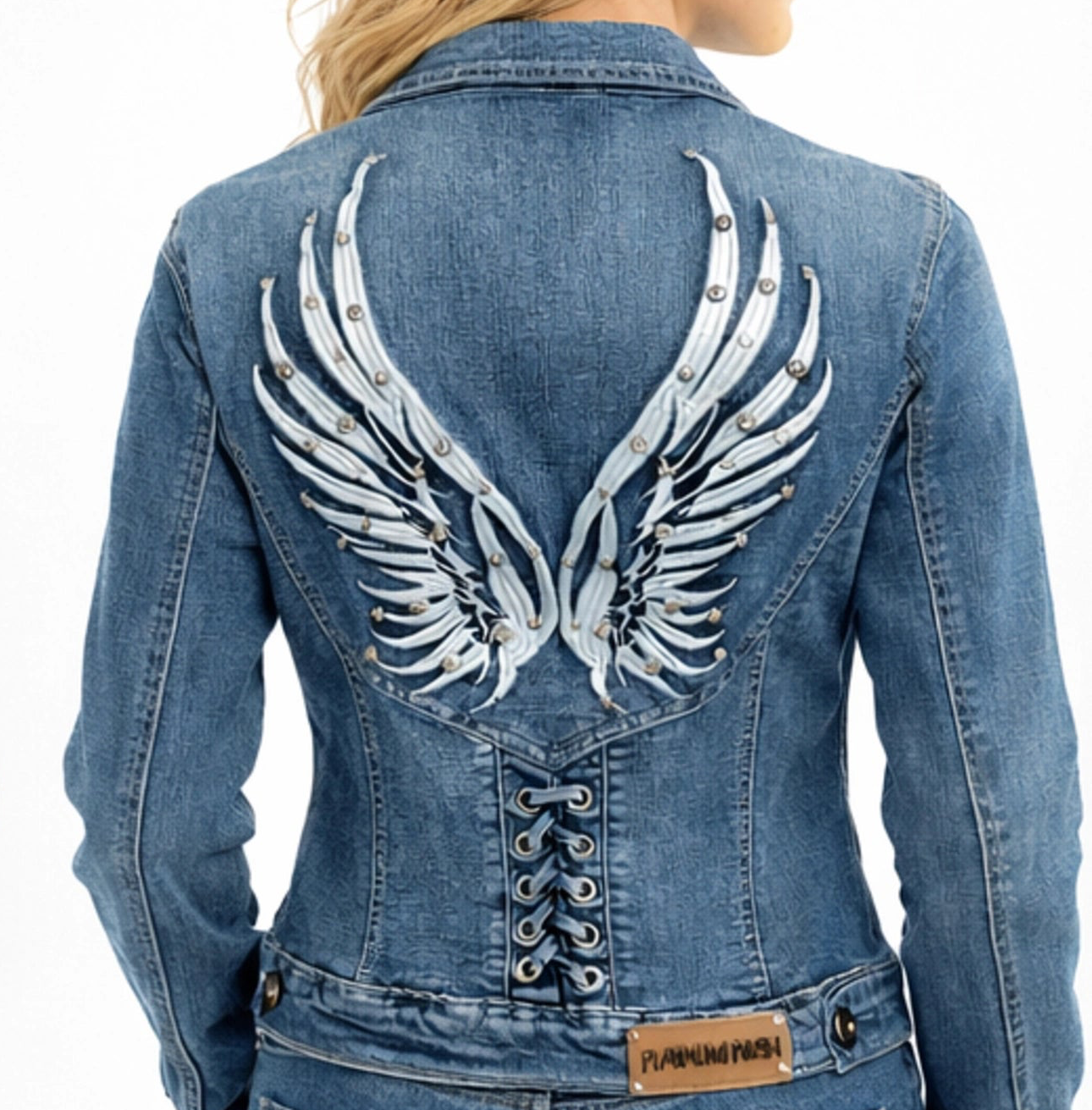 Women's Women’s Lace-Up Wing Denim Jacket – Steel Angel by Platinum Plush