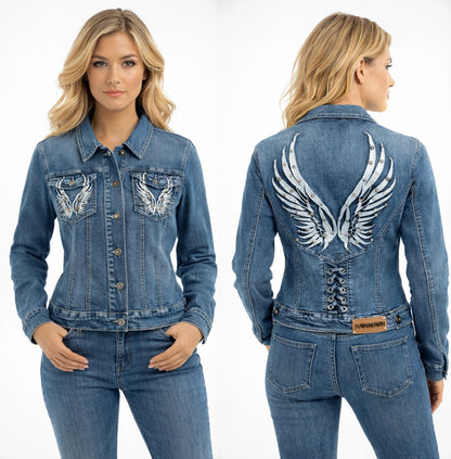 Women's Women’s Lace-Up Wing Denim Jacket – Steel Angel by Platinum Plush