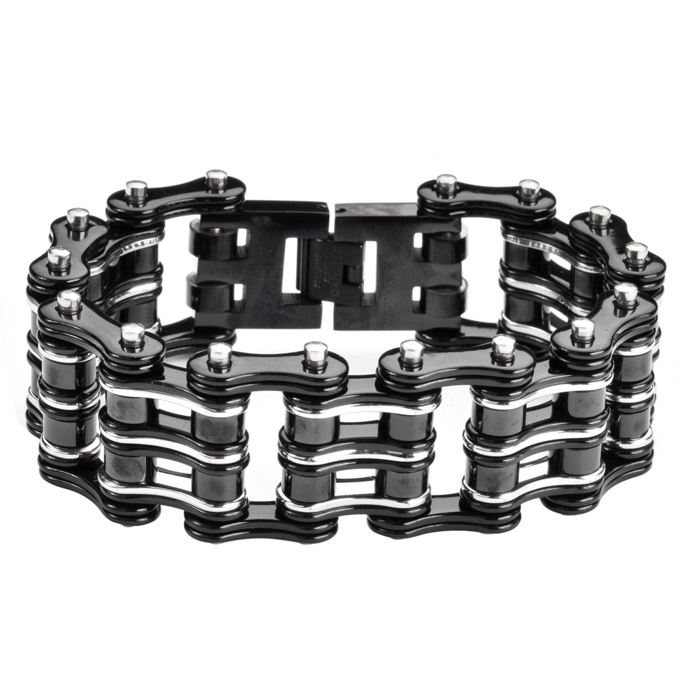 SK1136 Two-Tone Black & Silver Bike Chain Bracelet - 1" Wide