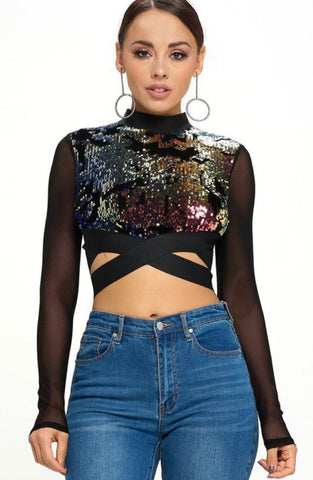 Sequin Cross Crop Top w Mesh Arms