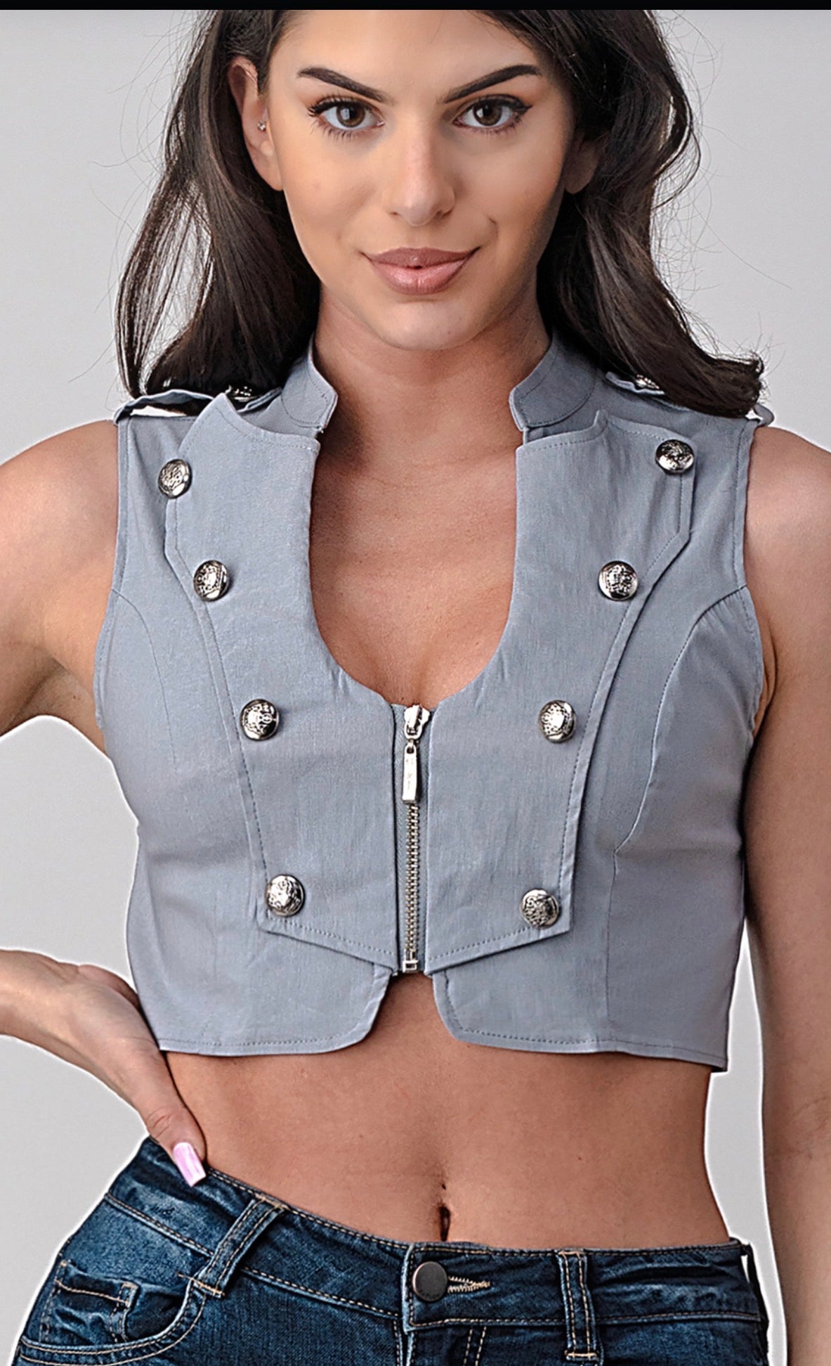 Lydia Studded Cropped Moto Vest – Biker Babe Button Crop Vest | Pixies Lounge