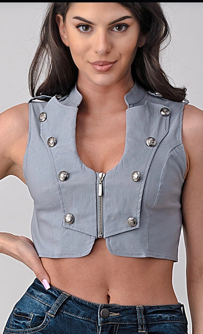 Lydia Studded Cropped Moto Vest – Biker Babe Button Crop Vest | Pixies Lounge