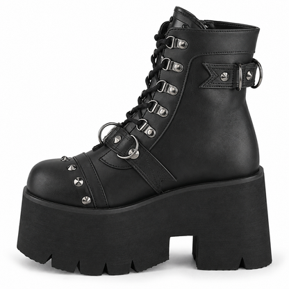 Demonia Ashes-52 | Skull & Chain Platform Combat Boots | Black