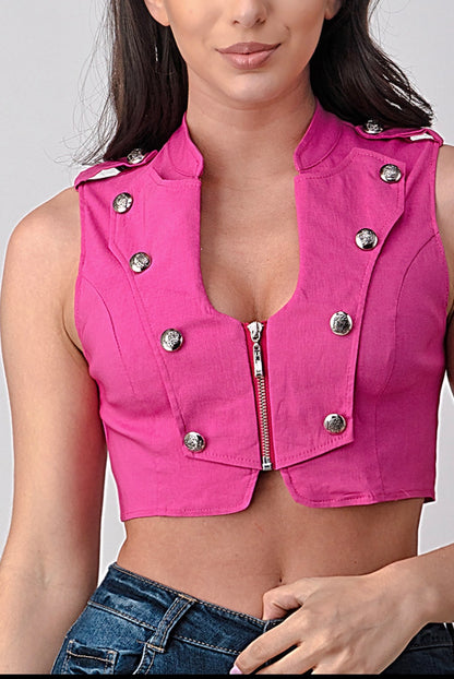 Lydia Studded Cropped Moto Vest – Biker Babe Button Crop Vest | Pixies Lounge