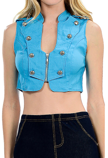 Lydia Studded Cropped Moto Vest – Biker Babe Button Crop Vest | Pixies Lounge