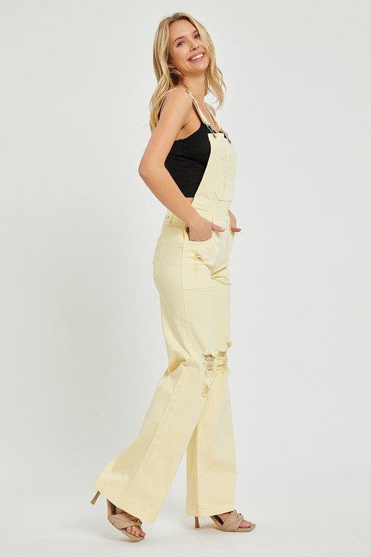 Risen Front Patch Pocket Distressed Acid Wash Wide Leg Overalls