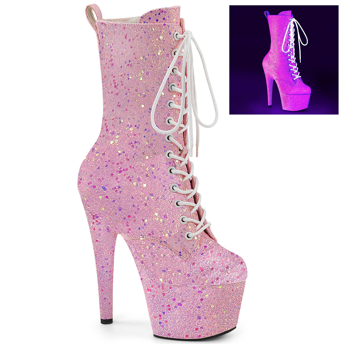 Pleaser Adore-1020 Glitter Platform Ankle Boots | Pink Sparkle Lace-Up Heels