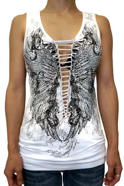 Platinum Plush “Midnight Wings” Biker Tank Top with Rhinestone Accents
