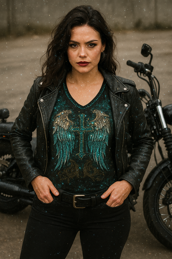 Vocal Angel and Cross Long Sleeve Contrast Top