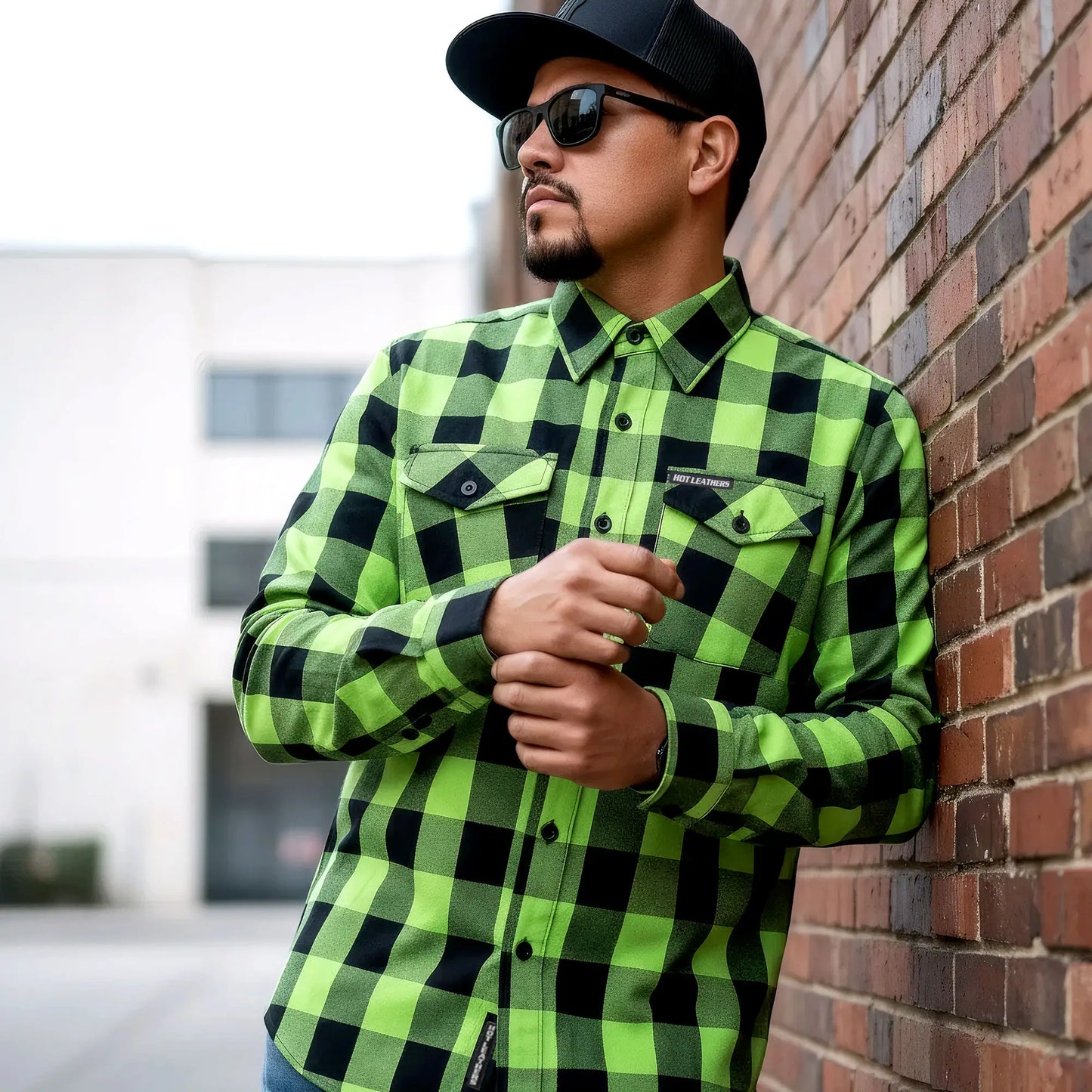 Hot Leathers Men's 'Black Crest' Black/Green Cotton Flannel Shirt - Button Front - Riding/Casual/ Work Wear - FLM2005