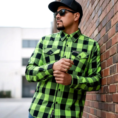 Hot Leathers Men's 'Black Crest' Black/Green Cotton Flannel Shirt - Button Front - Riding/Casual/ Work Wear - FLM2005