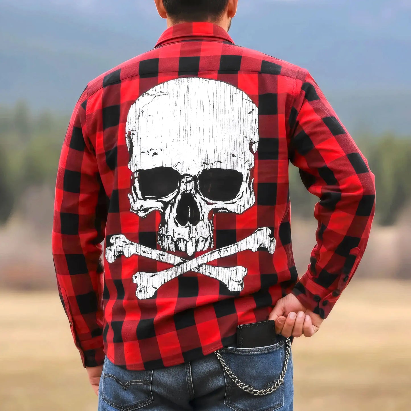 Hot Leathers Men's 'Skull & Bones' Black/Red Cotton Flannel Shirt - Button Front - Riding/Casual/ Work Wear - FLM2103