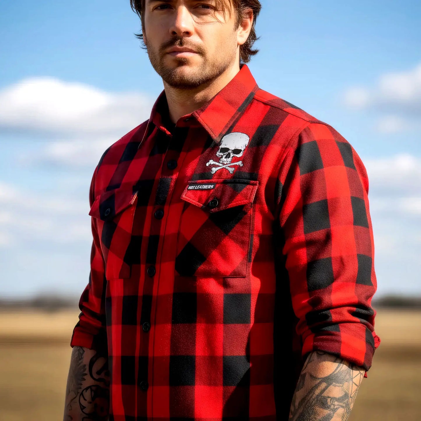 Hot Leathers Men's 'Skull & Bones' Black/Red Cotton Flannel Shirt - Button Front - Riding/Casual/ Work Wear - FLM2103