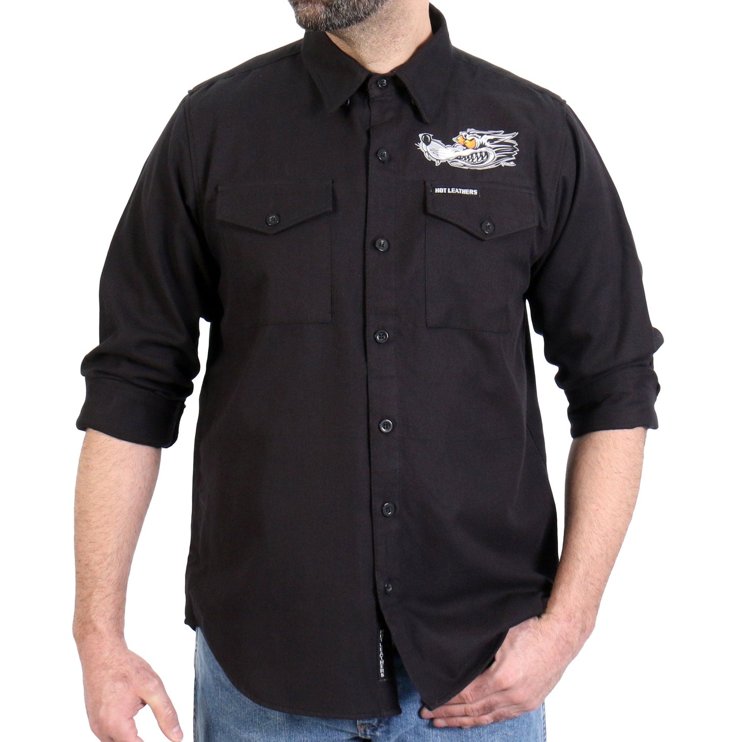 Hot Leathers Men's 'Race Wolf' Black Cotton Flannel Shirt - Button Front - Riding/Casual/ Work Wear - FLM2115